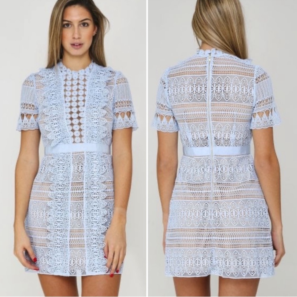 Self-Portrait Blue Spiral Panel Lace Mini Dress Guipure Size 4 - Picture 13 of 16